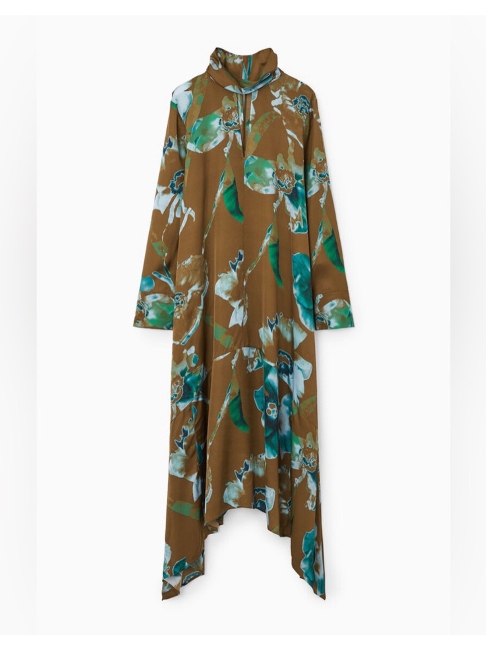 COS Abstract Floral Asymmetrical Midi Dress Brown Teal Turquoise Satin 2